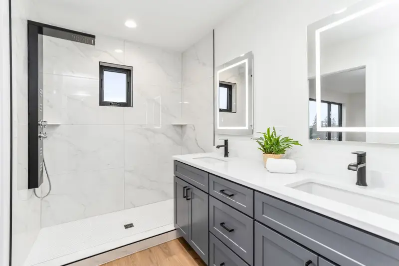 Owner's bath in a completed London East twin home